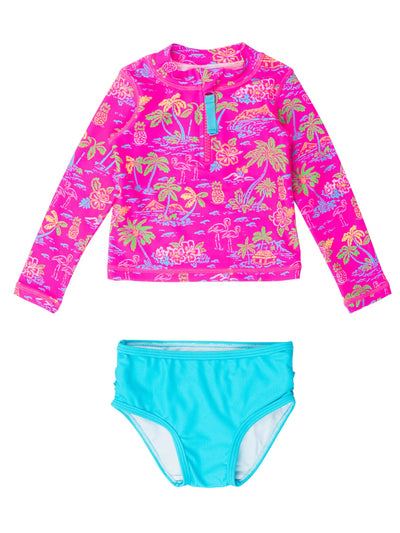 Long Sleeve Zipper Rashguard Two Piece - Neon Island Time