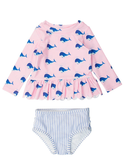 Scalloped Rash Guard 2-Piece - Pink Whale Friends