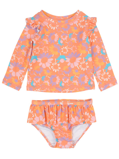 Skirted Flutter Long Sleeve Rash Guard Bikini - Coral Floral