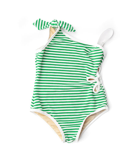 Daisy Cut Out Ribbed One Piece Green Striped Swimsuit