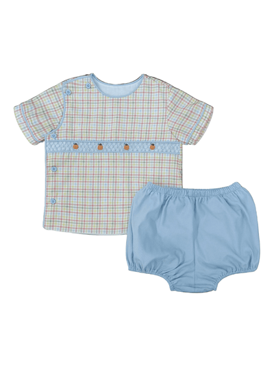 Baby outfit set with plaid shirt, smocked pumpkins, and blue corduroy bloomers 