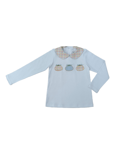 Long sleeve knit shirt with plaid collar and appliquéd pumpkins on chest