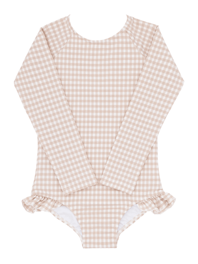 Brown Gingham Rashguard One Piece Swimsuit