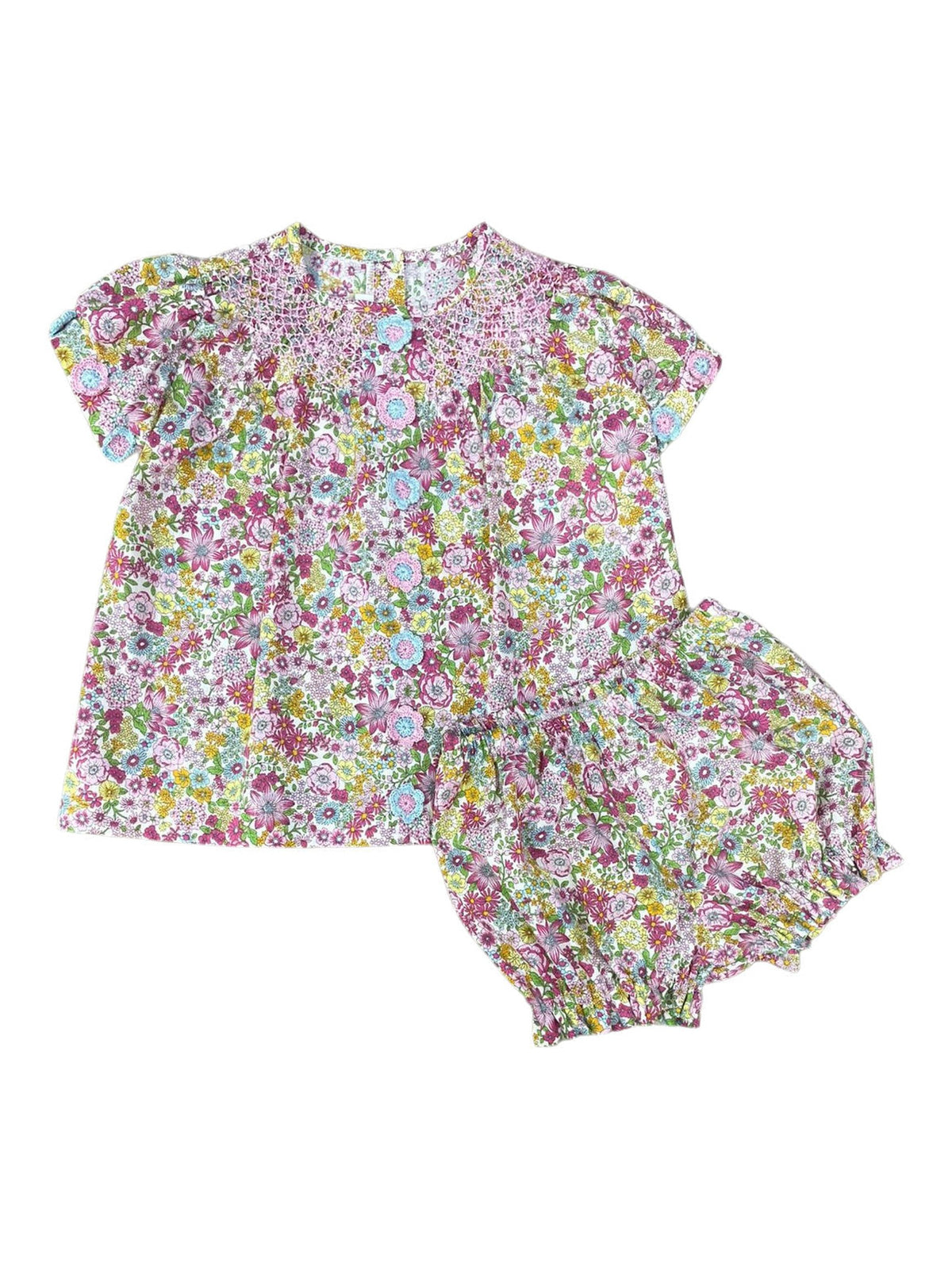 Camila Dress - Mira Floral W/ Aqua And Pink Crochet Flowers