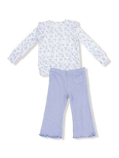 Ruffle Shoulder Rib Shirt w/ Waffle Flare Pant