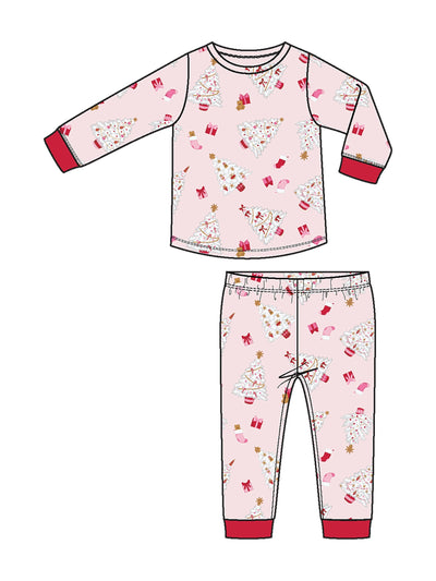 PRE-ORDER L/S Loungewear Set- Pink Vintage Christmas Trees