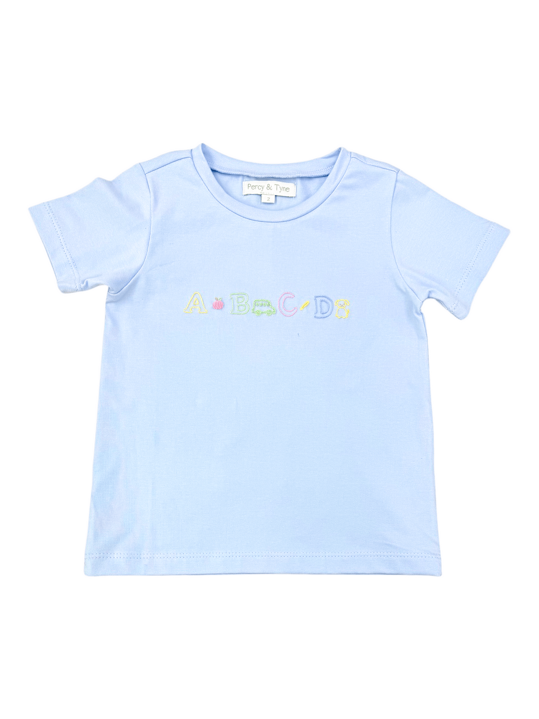 S/S Embroidered Tee - Baby Blue Knit W/ ABC Embroidery