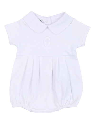 Blessed Embroidered Collared S/S Boy Bubble - White
