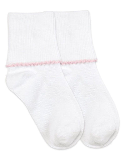 Smooth Toe Turn Cuff Socks, White w/Pink Tatted Edge