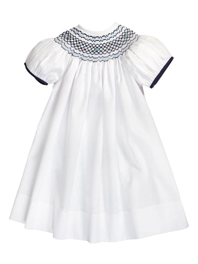 Cassidy White with Navy English Smocked Bishop w/Cap Sleeves