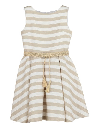 Beige Striped Belted Dress