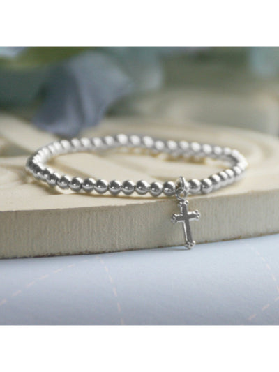Sterling Silver Beads 5" Stretch Bracelet with Cross