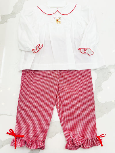 Reindeer Embroidered Girl Pants Set