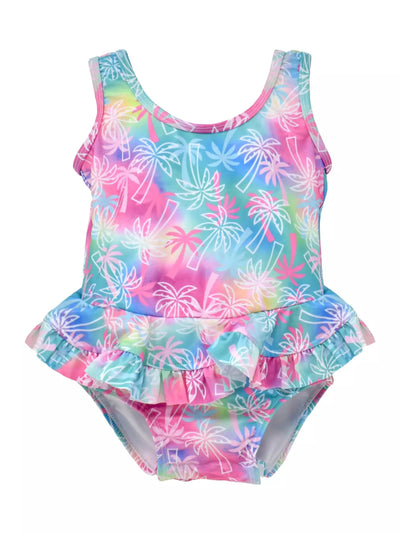UPF 50+ Stella Infant Ruffle Swimsuit - Pink Tropical Palms